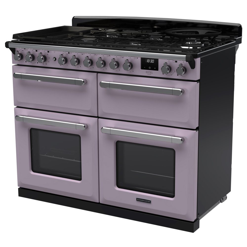 Rangemaster Estel Deluxe BC 110cm Dual Fuel Range Cooker With Chrome Trim 17875 ESDLB110DFPHTH/CM1 - Heather Rangemaster Estel Deluxe BC 110cm Dual Fuel Range Cooker With Chrome Trim 17875 ESDLB110DFPHTH/CM1 - Heather