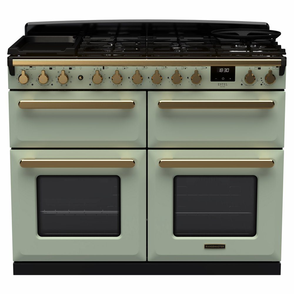 Rangemaster  Estel Deluxe BC 110cm Dual Fuel Range Cooker With Antique Brass Trim 18150 ESDLB110DFPMNT/AB1 - Mint