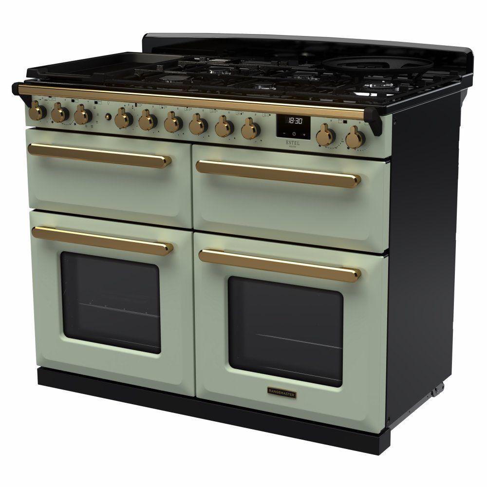 Rangemaster Estel Deluxe BC 110cm Dual Fuel Range Cooker With Antique Brass Trim 18150 ESDLB110DFPMNT/AB1 - Mint Rangemaster Estel Deluxe BC 110cm Dual Fuel Range Cooker With Antique Brass Trim 18150 ESDLB110DFPMNT/AB1 - Mint