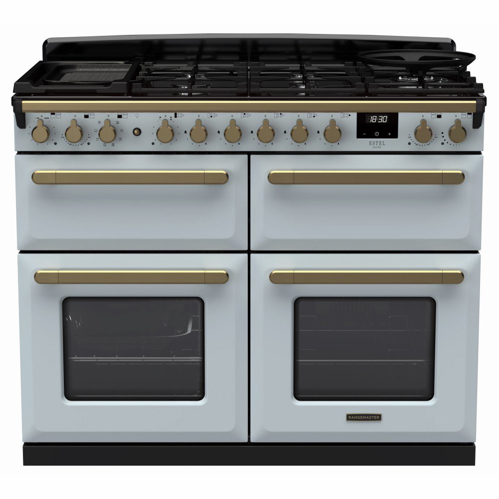 Rangemaster  Estel Deluxe BC 110cm Dual Fuel Range Cooker With Antique Brass Trim 18148 ESDLB110DFPMSB/AB1 - Misty Blue