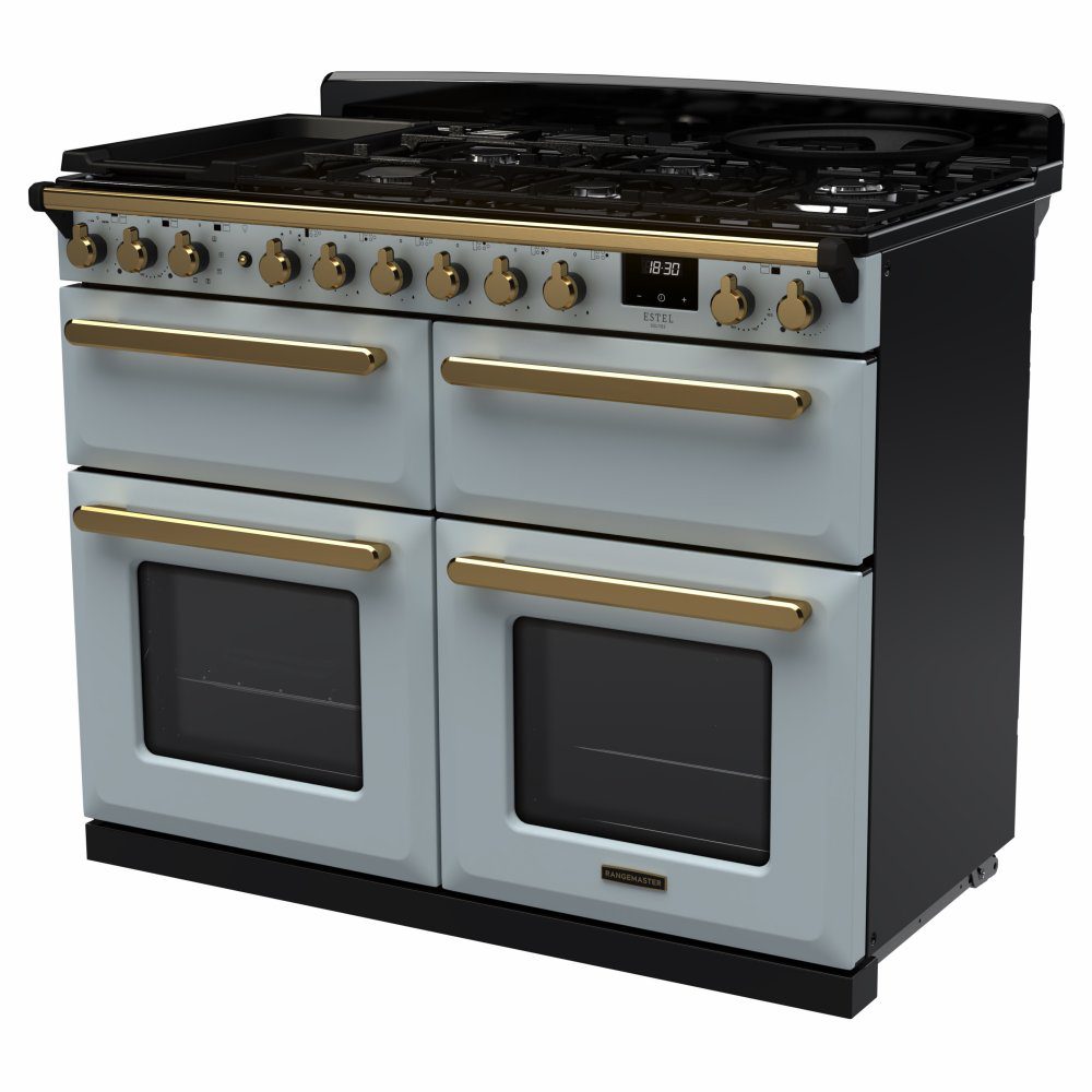 Rangemaster Estel Deluxe BC 110cm Dual Fuel Range Cooker With Antique Brass Trim 18148 ESDLB110DFPMSB/AB1 - Misty Blue Rangemaster Estel Deluxe BC 110cm Dual Fuel Range Cooker With Antique Brass Trim 18148 ESDLB110DFPMSB/AB1 - Misty Blue