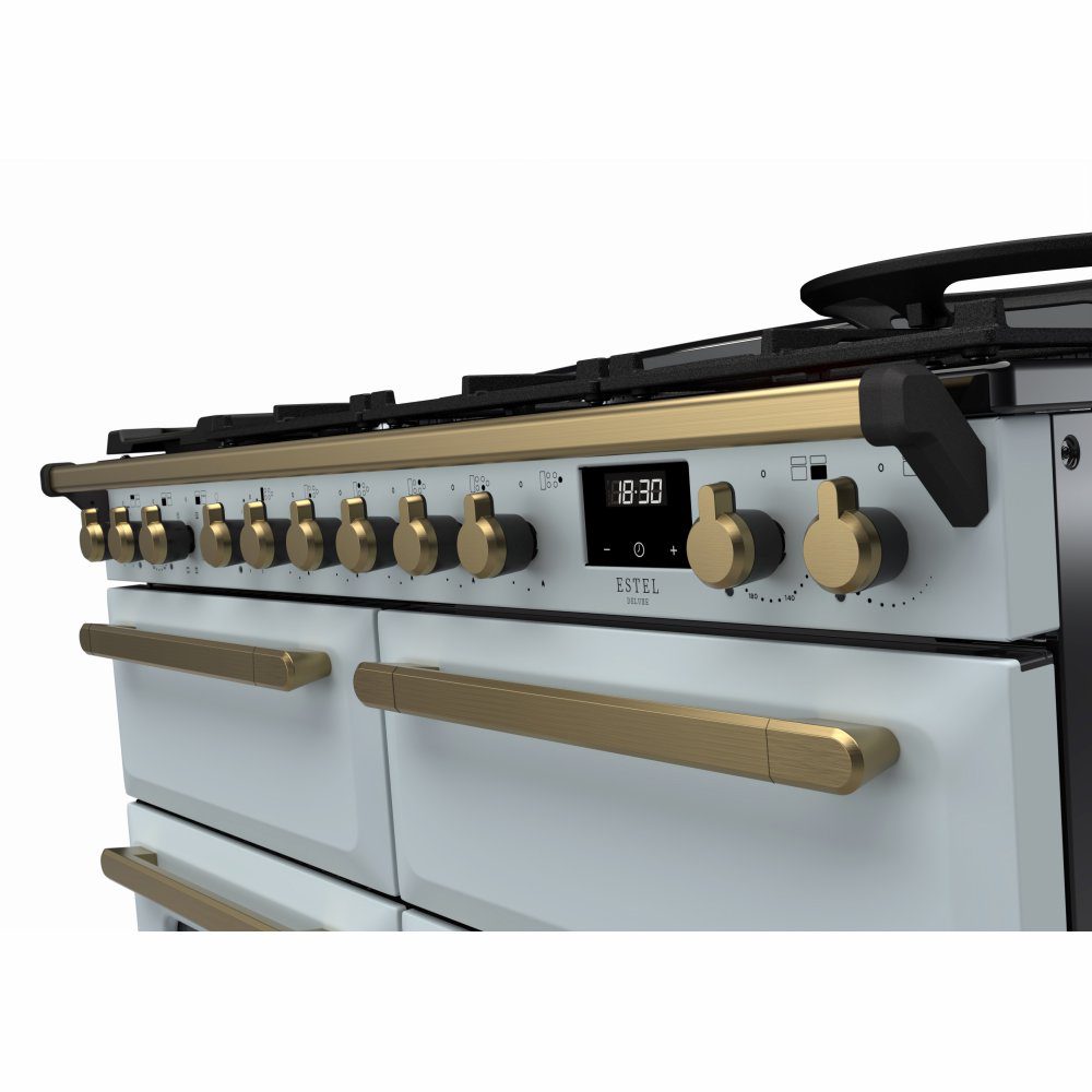 Rangemaster Estel Deluxe BC 110cm Dual Fuel Range Cooker With Antique Brass Trim 18148 ESDLB110DFPMSB/AB1 - Misty Blue Rangemaster Estel Deluxe BC 110cm Dual Fuel Range Cooker With Antique Brass Trim 18148 ESDLB110DFPMSB/AB1 - Misty Blue