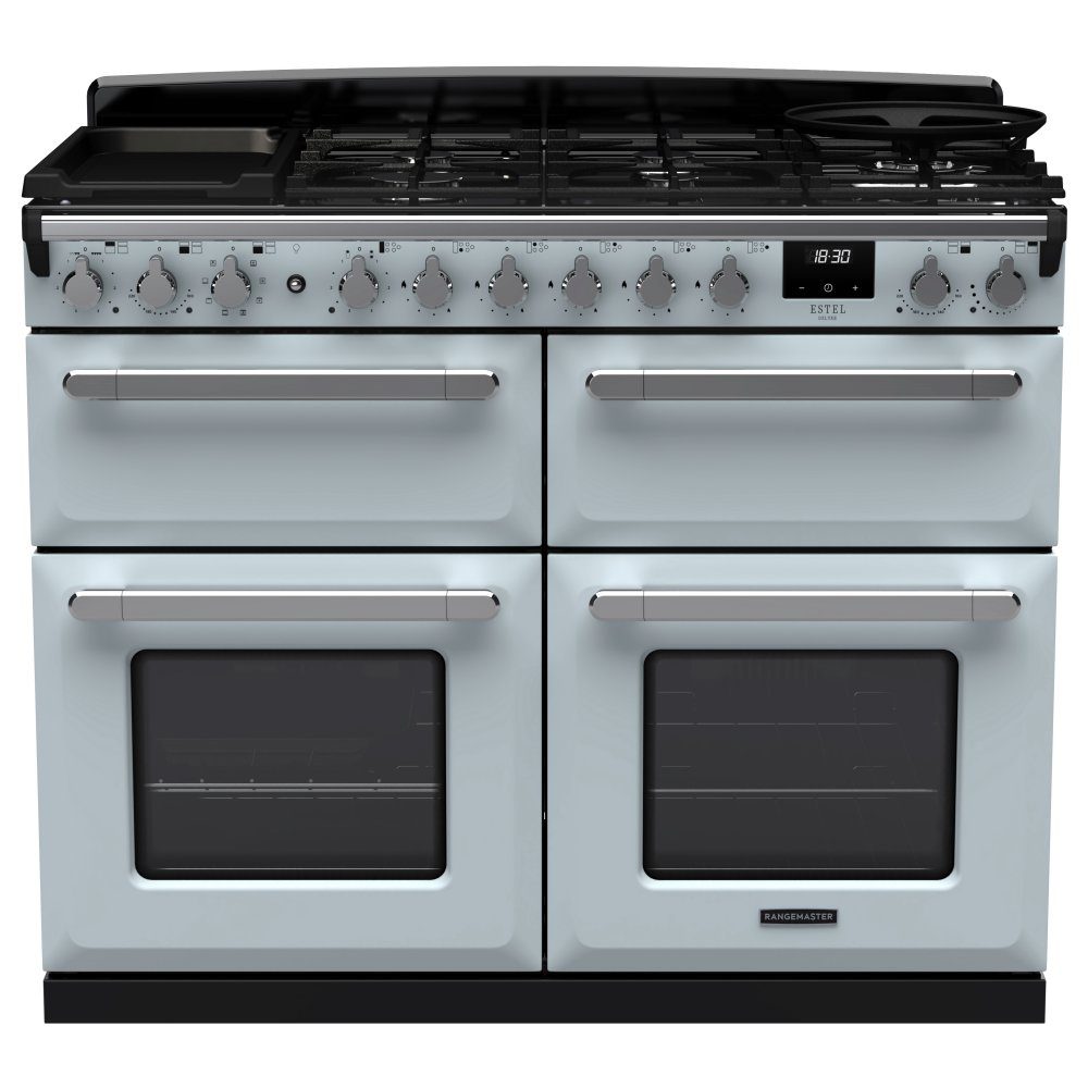Rangemaster  Estel Deluxe BC 110cm Dual Fuel Range Cooker With Chrome Trim 15253 ESDLB110DFPMSB/CM1 - Misty Blue