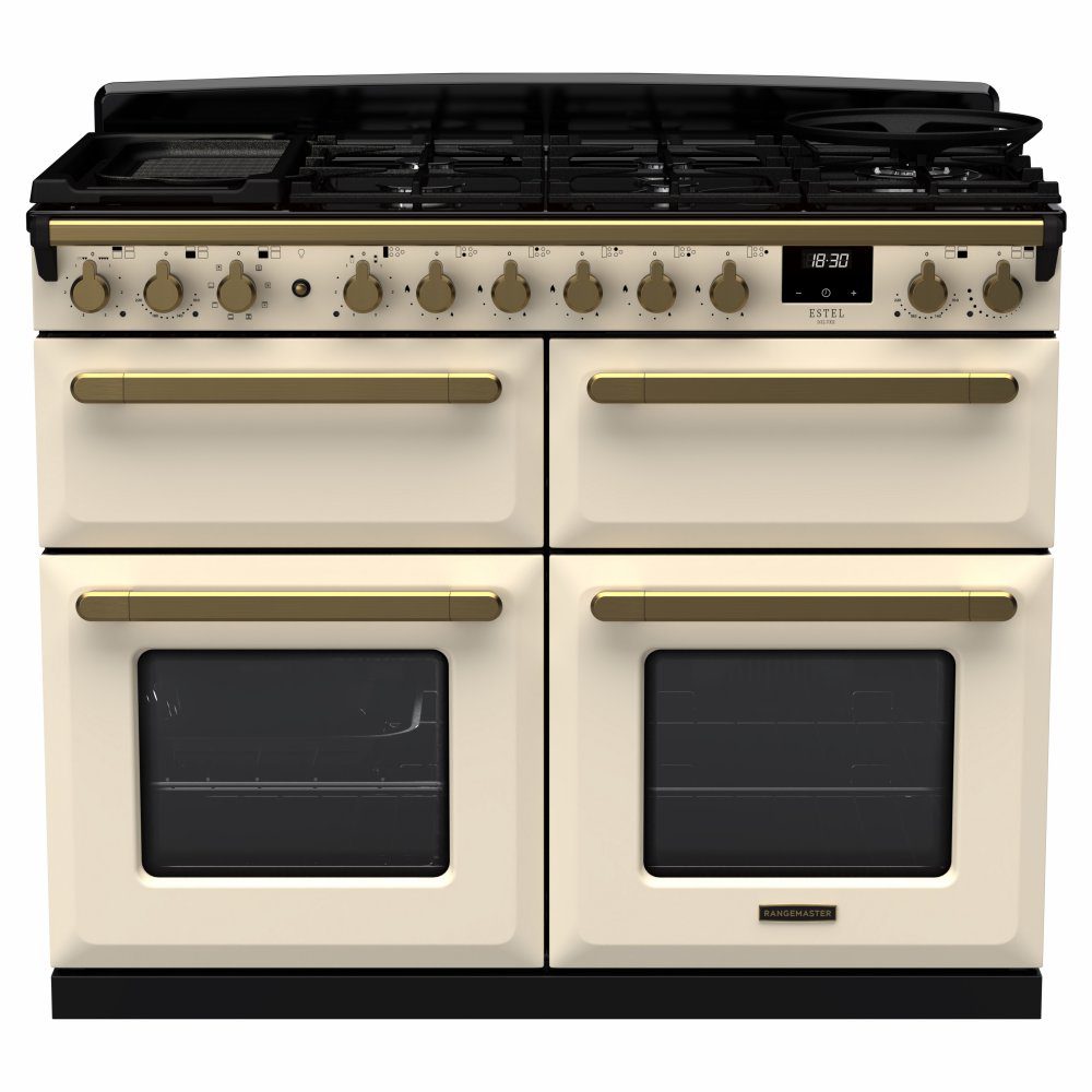 Rangemaster  Estel Deluxe BC 110cm Dual Fuel Range Cooker With Antique Brass Trim 18146 ESDLB110DFPPCR/AB1 - Pale Cream