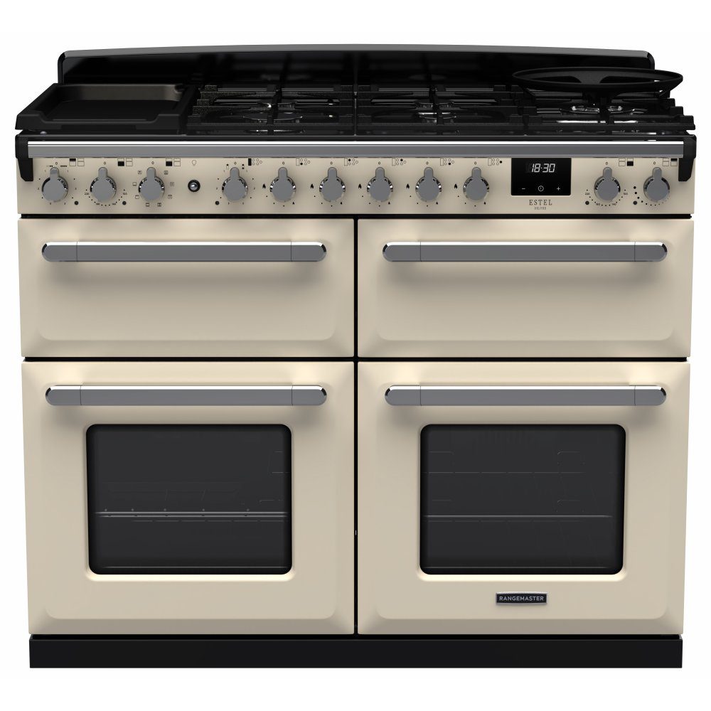 Rangemaster  Estel Deluxe BC 110cm Dual Fuel Range Cooker With Chrome Trim 15250 ESDLB110DFPPCR/CM1 - Pale Cream