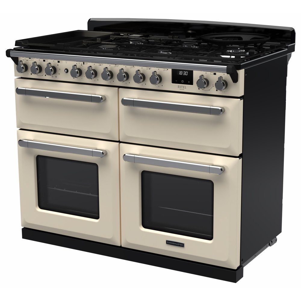 Rangemaster Estel Deluxe BC 110cm Dual Fuel Range Cooker With Chrome Trim 15250 ESDLB110DFPPCR/CM1 - Pale Cream Rangemaster Estel Deluxe BC 110cm Dual Fuel Range Cooker With Chrome Trim 15250 ESDLB110DFPPCR/CM1 - Pale Cream