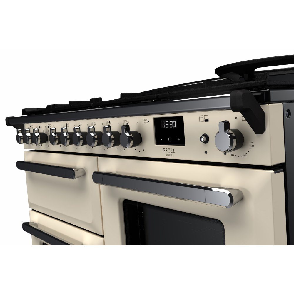 Rangemaster Estel Deluxe BC 110cm Dual Fuel Range Cooker With Chrome Trim 15250 ESDLB110DFPPCR/CM1 - Pale Cream Rangemaster Estel Deluxe BC 110cm Dual Fuel Range Cooker With Chrome Trim 15250 ESDLB110DFPPCR/CM1 - Pale Cream