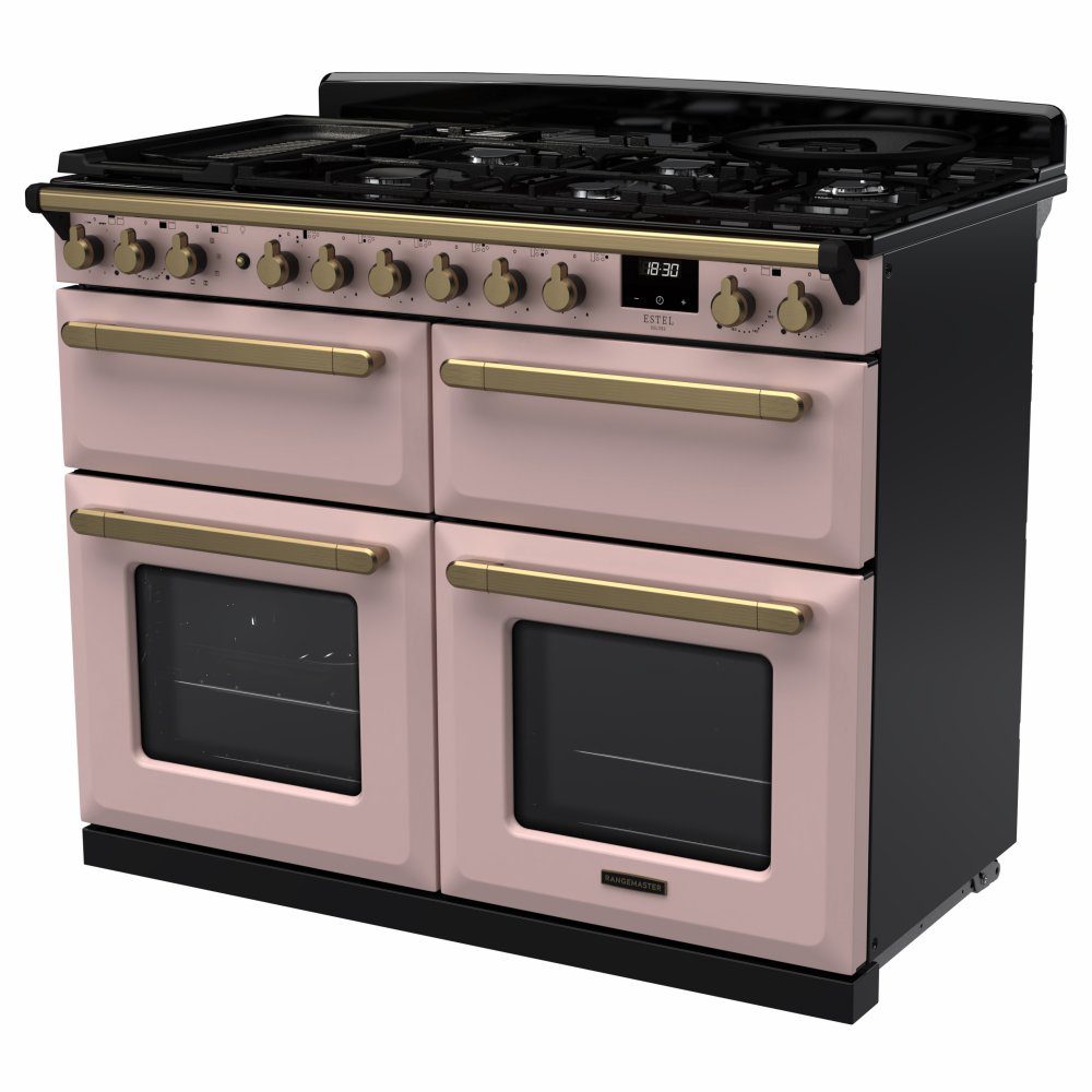 Rangemaster Estel Deluxe BC 110cm Dual Fuel Range Cooker With Antique Brass Trim 18149 ESDLB110DFPPPK/AB1 - Pale Pink Rangemaster Estel Deluxe BC 110cm Dual Fuel Range Cooker With Antique Brass Trim 18149 ESDLB110DFPPPK/AB1 - Pale Pink