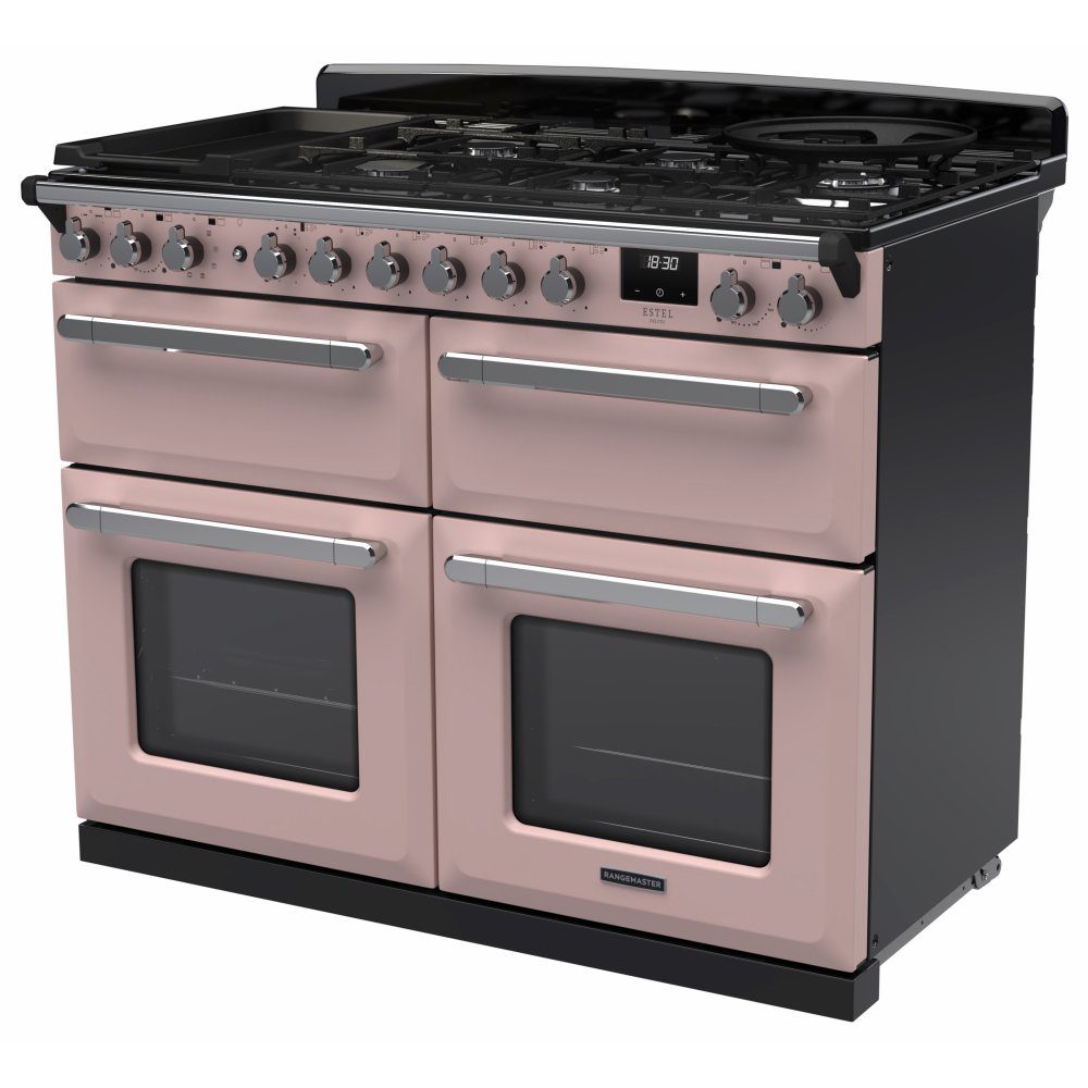 Rangemaster Estel Deluxe BC 110cm Dual Fuel Range Cooker With Chrome Trim 15254 ESDLB110DFPPPK/CM1 - Pale Pink Rangemaster Estel Deluxe BC 110cm Dual Fuel Range Cooker With Chrome Trim 15254 ESDLB110DFPPPK/CM1 - Pale Pink