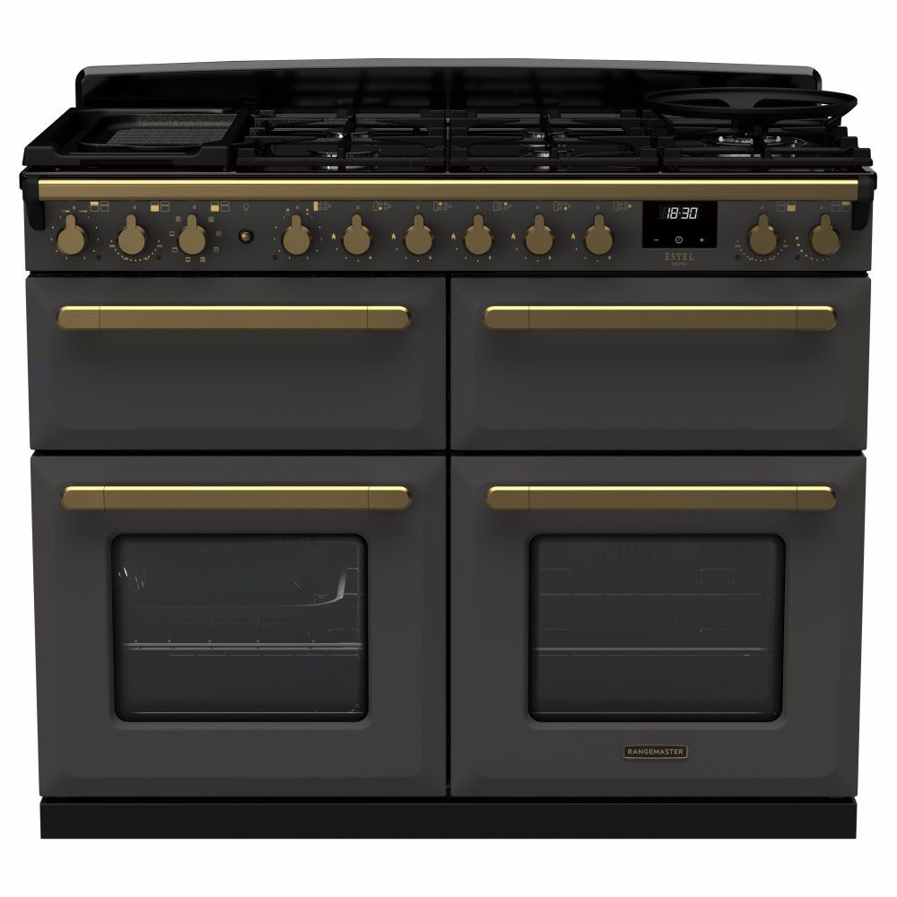 Rangemaster  Estel Deluxe BC 110cm Dual Fuel Range Cooker With Antique Brass Trim 18145 ESDLB110DFPSLT/AB1 - Slate