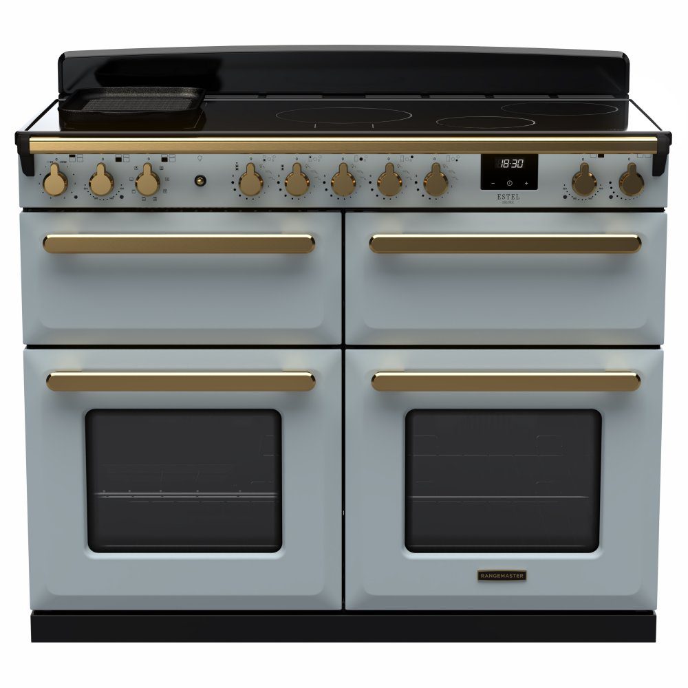 Rangemaster  Estel Deluxe BC 110cm Induction Range Cooker With Antique Brass Trim 18169 ESDLB110EIPMSB/AB1 - Misty Blue