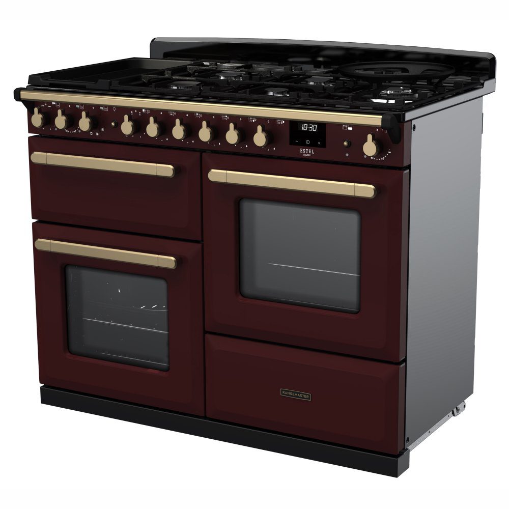 Rangemaster Estel Deluxe OC 110cm Dual Fuel Range Cooker With Antique Brass Trim 18105 ESDLO110DFPBOR/AB1 - Bordeaux Rangemaster Estel Deluxe OC 110cm Dual Fuel Range Cooker With Antique Brass Trim 18105 ESDLO110DFPBOR/AB1 - Bordeaux
