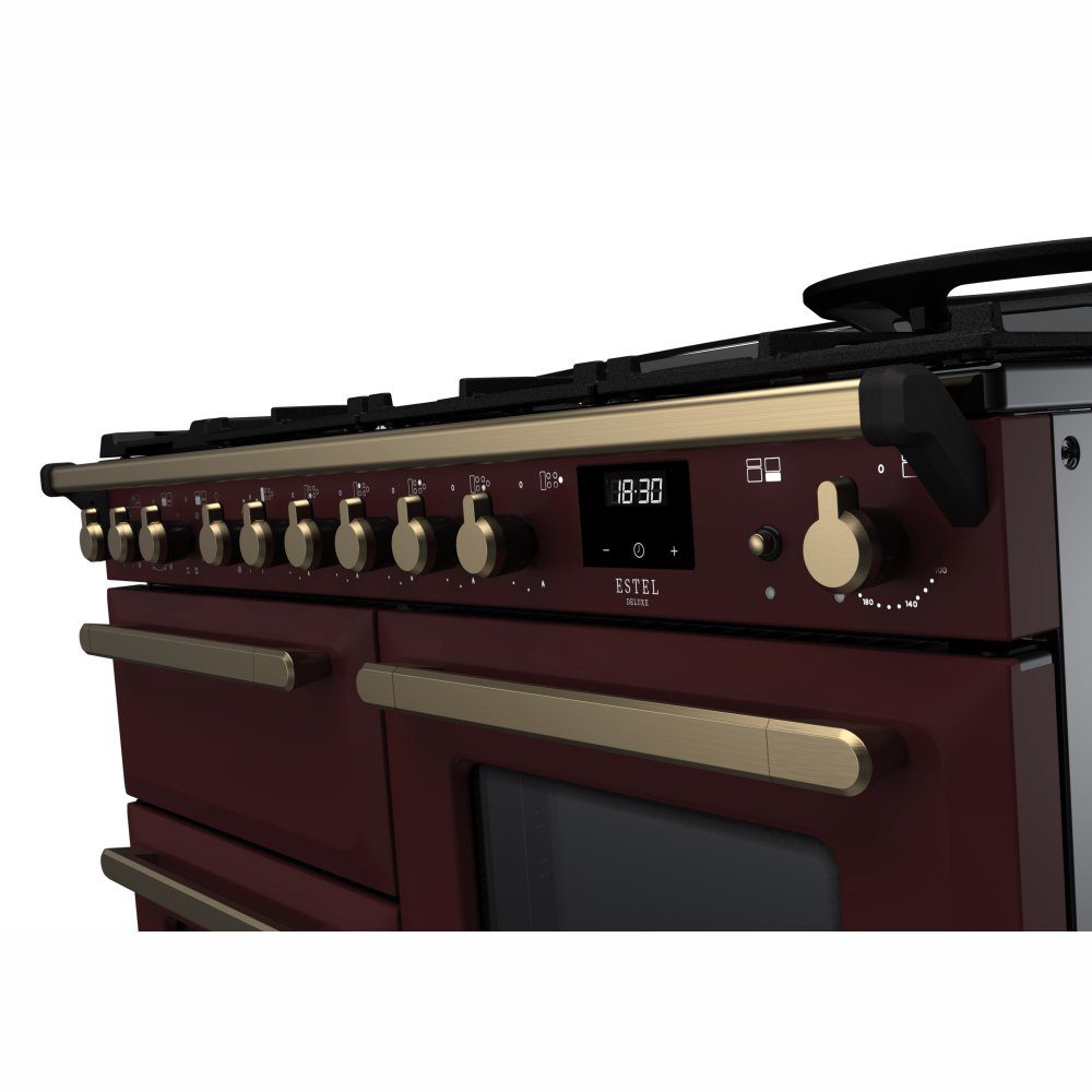 Rangemaster Estel Deluxe OC 110cm Dual Fuel Range Cooker With Antique Brass Trim 18105 ESDLO110DFPBOR/AB1 - Bordeaux Rangemaster Estel Deluxe OC 110cm Dual Fuel Range Cooker With Antique Brass Trim 18105 ESDLO110DFPBOR/AB1 - Bordeaux