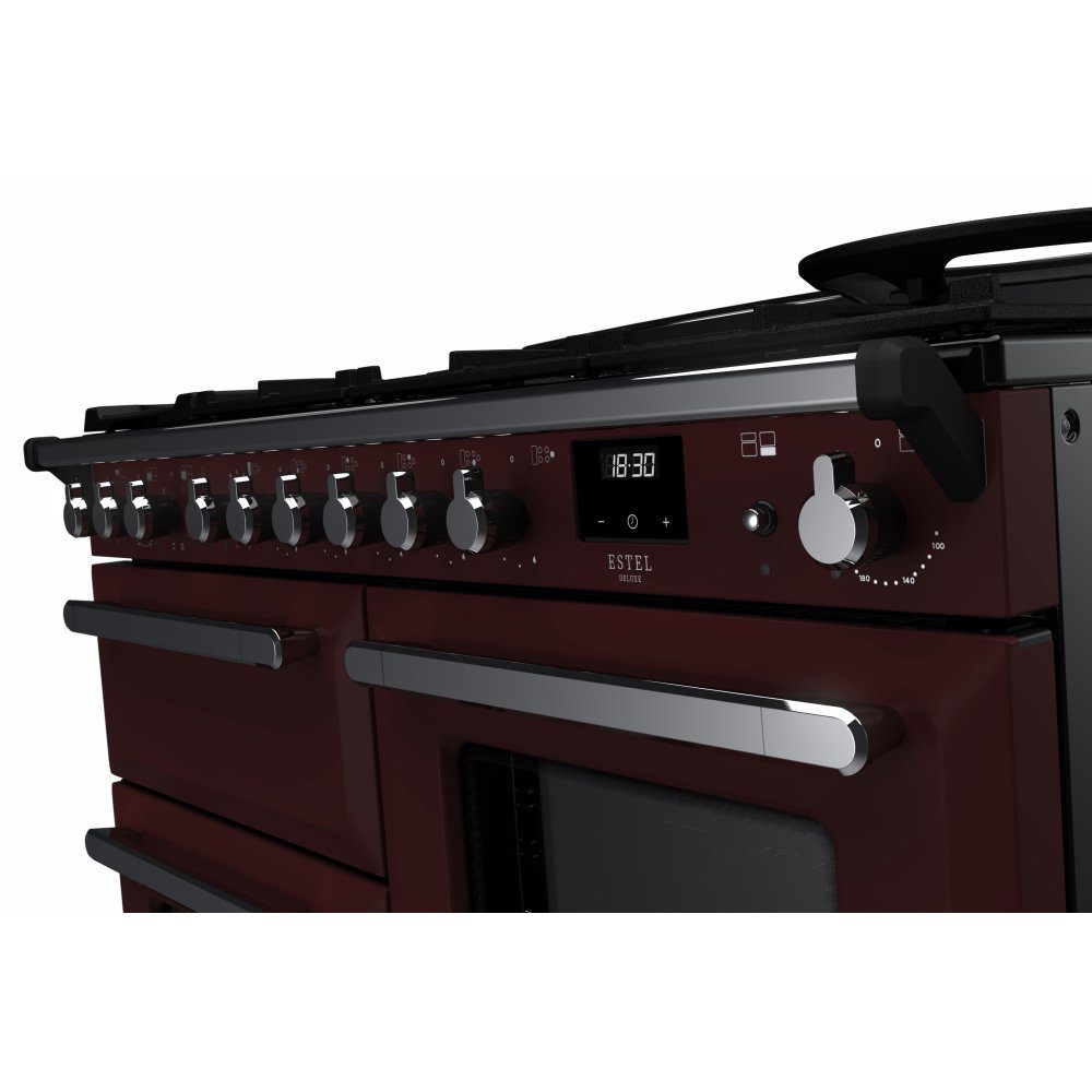 Rangemaster Estel Deluxe OC 110cm Dual Fuel Range Cooker With Chrome Trim 15149 ESDLO110DFPBOR/CM1 - Bordeaux Rangemaster Estel Deluxe OC 110cm Dual Fuel Range Cooker With Chrome Trim 15149 ESDLO110DFPBOR/CM1 - Bordeaux