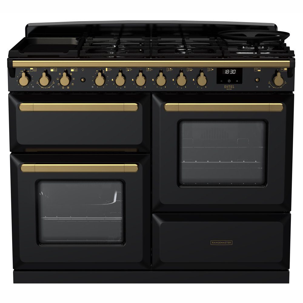 Rangemaster  Estel Deluxe OC 110cm Dual Fuel Range Cooker With Antique Brass Trim 18102 ESDLO110DFPGBL/AB1 - Black