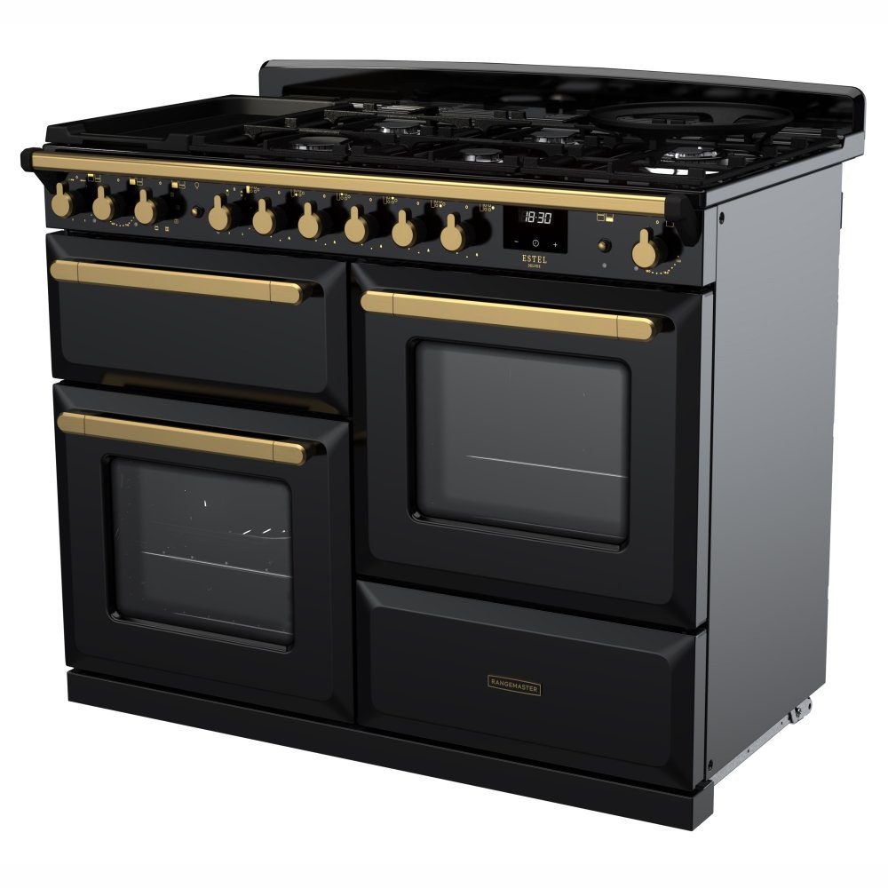 Rangemaster Estel Deluxe OC 110cm Dual Fuel Range Cooker With Antique Brass Trim 18102 ESDLO110DFPGBL/AB1 - Black Rangemaster Estel Deluxe OC 110cm Dual Fuel Range Cooker With Antique Brass Trim 18102 ESDLO110DFPGBL/AB1 - Black