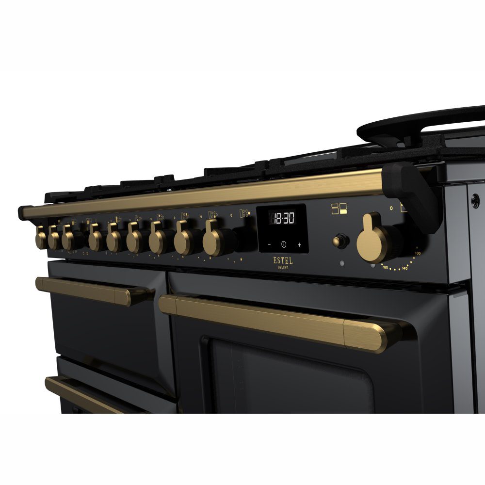 Rangemaster Estel Deluxe OC 110cm Dual Fuel Range Cooker With Antique Brass Trim 18102 ESDLO110DFPGBL/AB1 - Black Rangemaster Estel Deluxe OC 110cm Dual Fuel Range Cooker With Antique Brass Trim 18102 ESDLO110DFPGBL/AB1 - Black