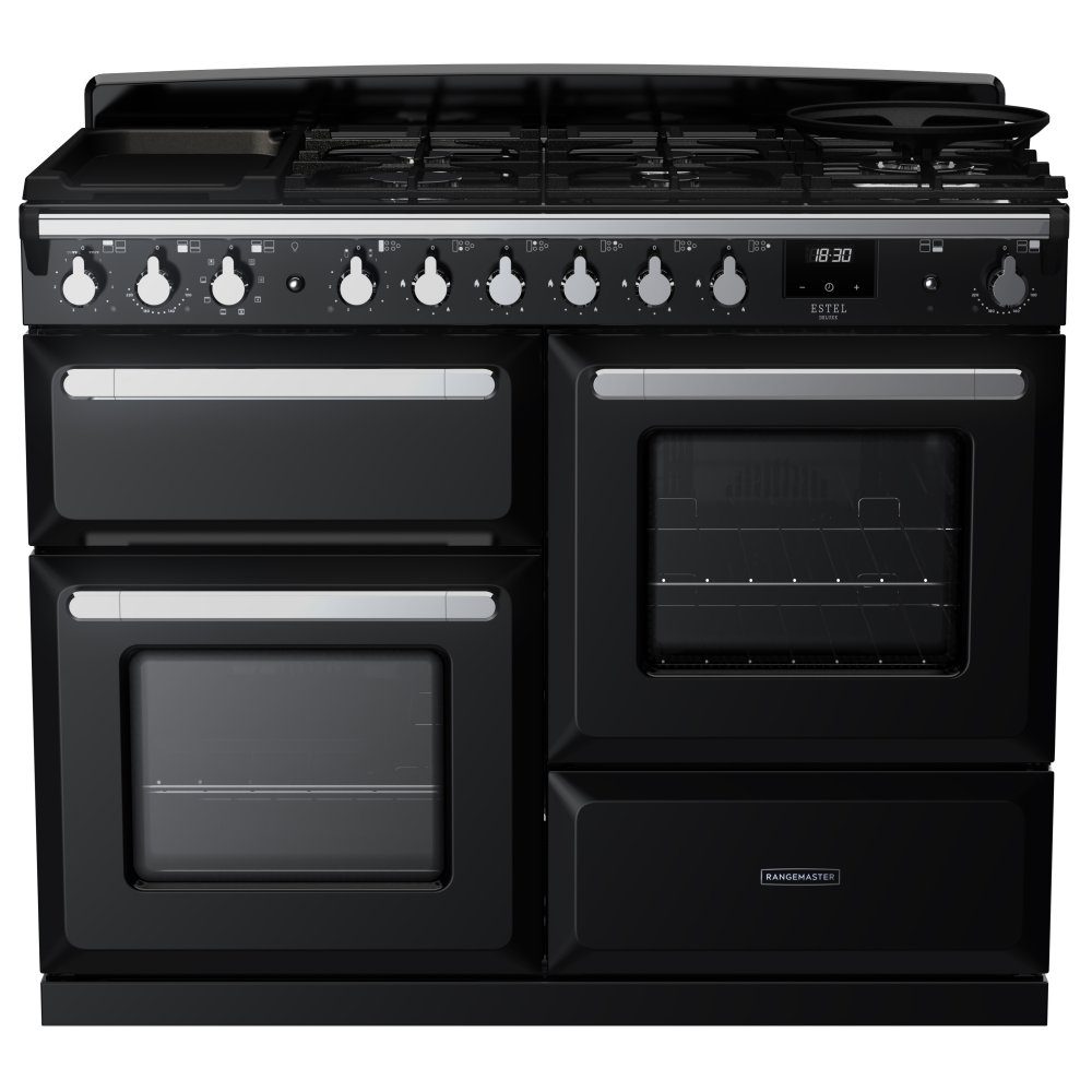 Rangemaster  Estel Deluxe OC 110cm Dual Fuel Range Cooker With Chrome Trim 15146 ESDLO110DFPGBL/CM1 - Black