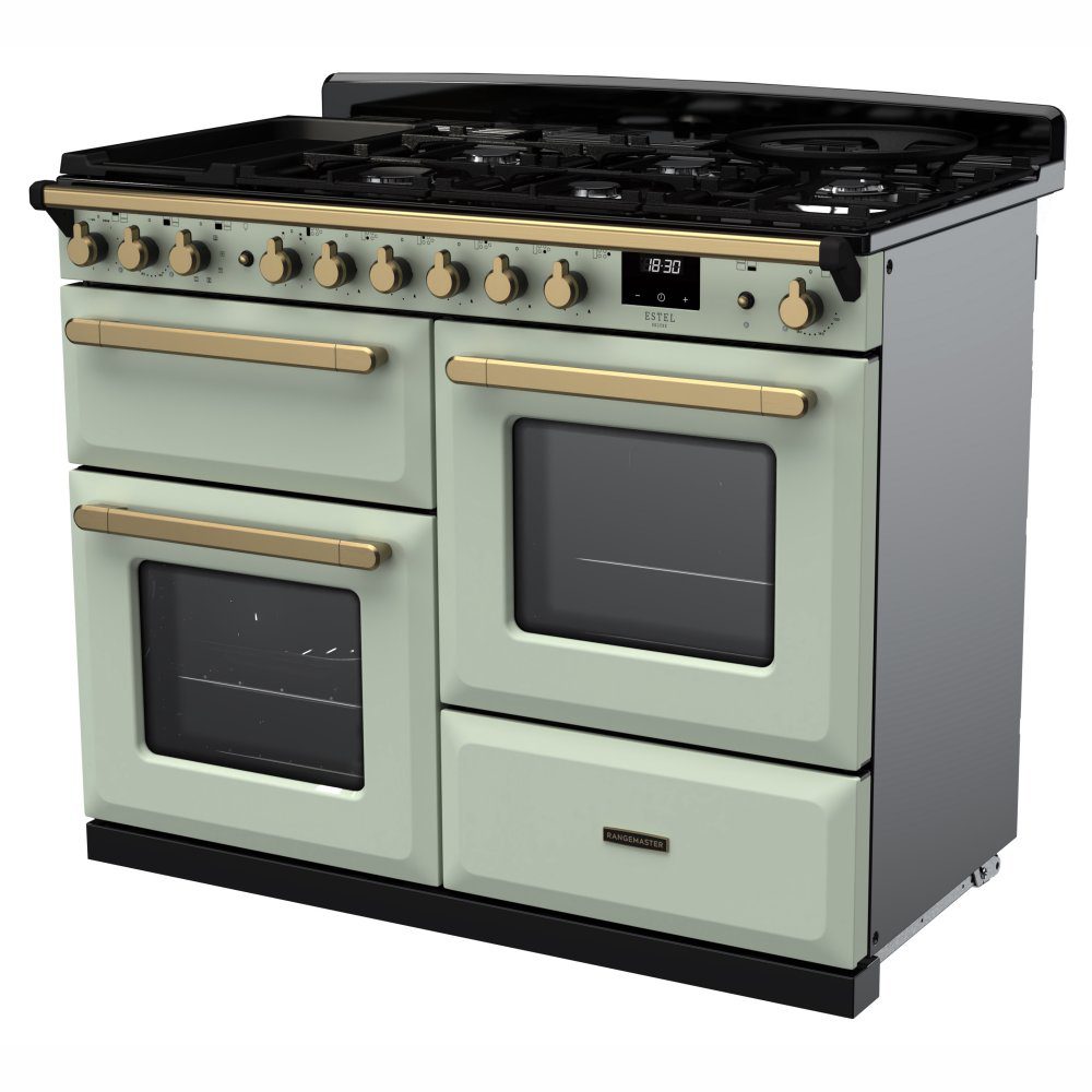 Rangemaster Estel Deluxe OC 110cm Dual Fuel Range Cooker With Antique Brass Trim 18108 ESDLO110DFPMNT/AB1 - Mint Rangemaster Estel Deluxe OC 110cm Dual Fuel Range Cooker With Antique Brass Trim 18108 ESDLO110DFPMNT/AB1 - Mint