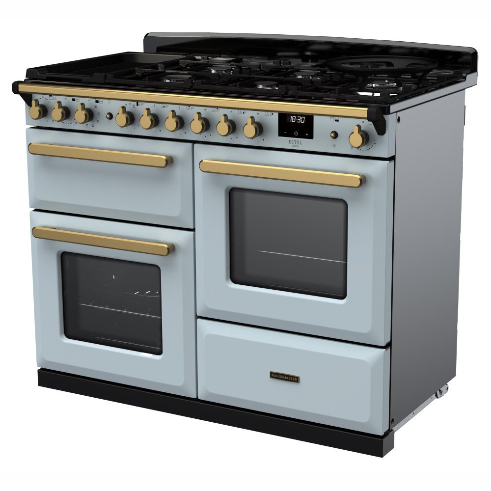 Rangemaster Estel Deluxe OC 110cm Dual Fuel Range Cooker With Antique Brass Trim 18106 ESDLO110DFPMSB/AB1 - Misty Blue Rangemaster Estel Deluxe OC 110cm Dual Fuel Range Cooker With Antique Brass Trim 18106 ESDLO110DFPMSB/AB1 - Misty Blue