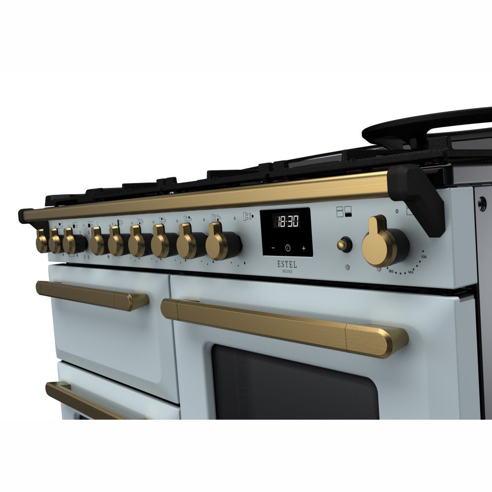 Rangemaster Estel Deluxe OC 110cm Dual Fuel Range Cooker With Antique Brass Trim 18106 ESDLO110DFPMSB/AB1 - Misty Blue Rangemaster Estel Deluxe OC 110cm Dual Fuel Range Cooker With Antique Brass Trim 18106 ESDLO110DFPMSB/AB1 - Misty Blue