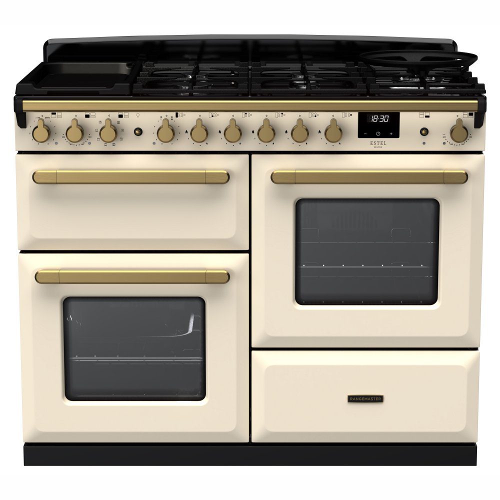 Rangemaster  Estel Deluxe OC 110cm Dual Fuel Range Cooker With Antique Brass Trim 18104 ESDLO110DFPPCR/AB1 - Pale Cream