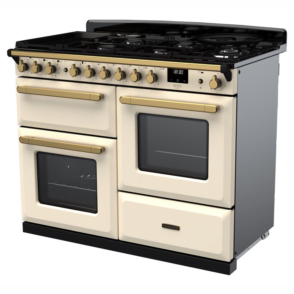 Rangemaster Estel Deluxe OC 110cm Dual Fuel Range Cooker With Antique Brass Trim 18104 ESDLO110DFPPCR/AB1 - Pale Cream Rangemaster Estel Deluxe OC 110cm Dual Fuel Range Cooker With Antique Brass Trim 18104 ESDLO110DFPPCR/AB1 - Pale Cream