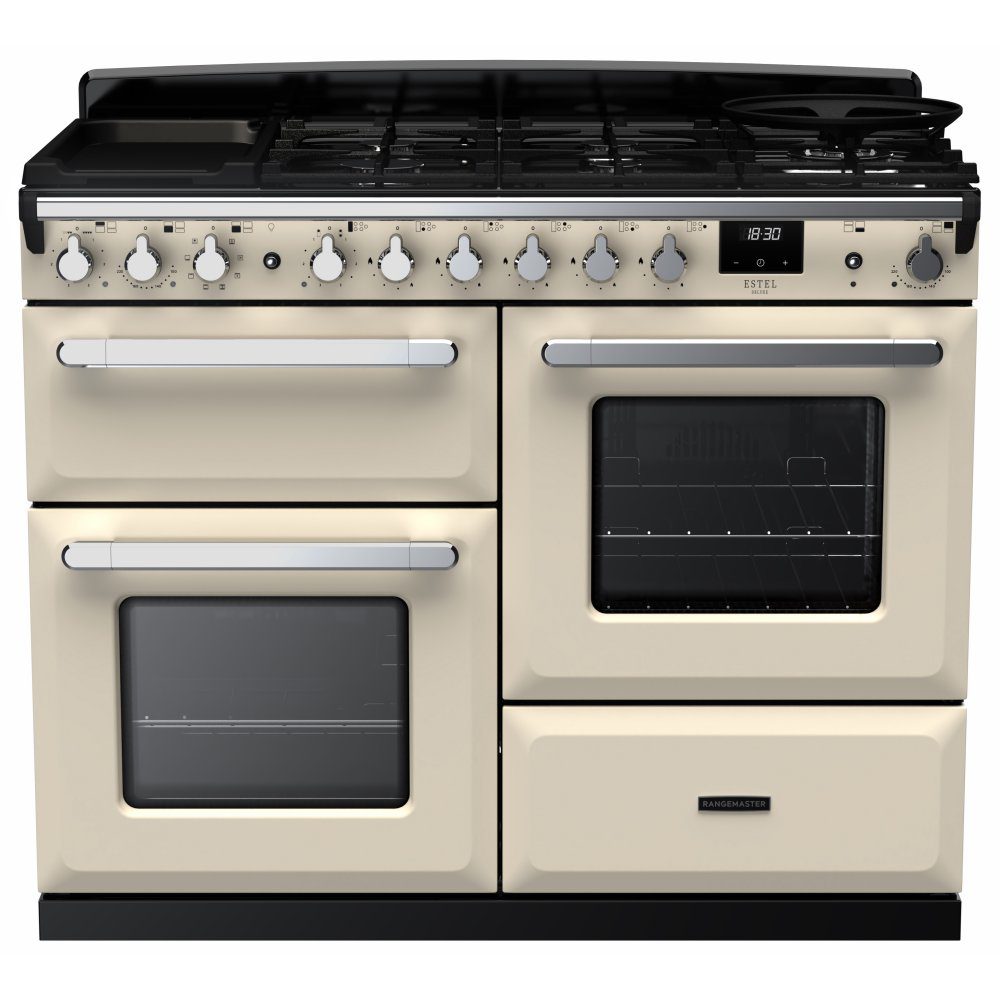 Rangemaster  Estel Deluxe OC 110cm Dual Fuel Range Cooker With Chrome Trim 15148 ESDLO110DFPPCR/CM1 - Pale Cream