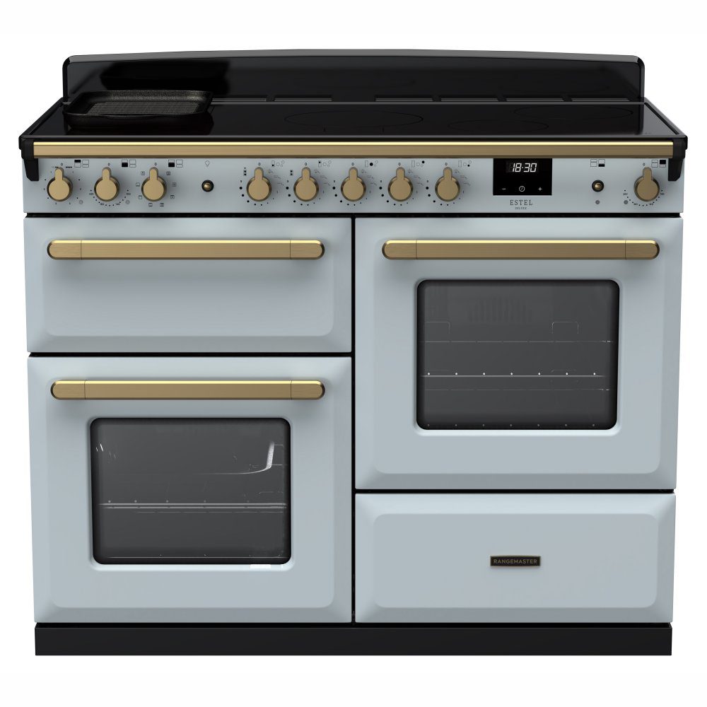 Rangemaster  Estel Deluxe OC 110cm Induction Range Cooker With Antique Brass Trim 18127 ESDLO110EIPMSB/AB1 - Misty Blue