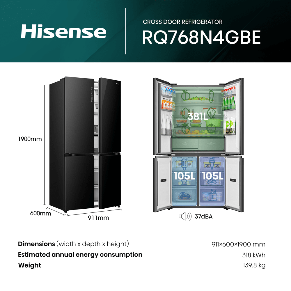 Hisense Kitchenfit Four Door American Style Fridge Freezer RQ768N4GBE- Black Hisense Kitchenfit Four Door American Style Fridge Freezer RQ768N4GBE- Black