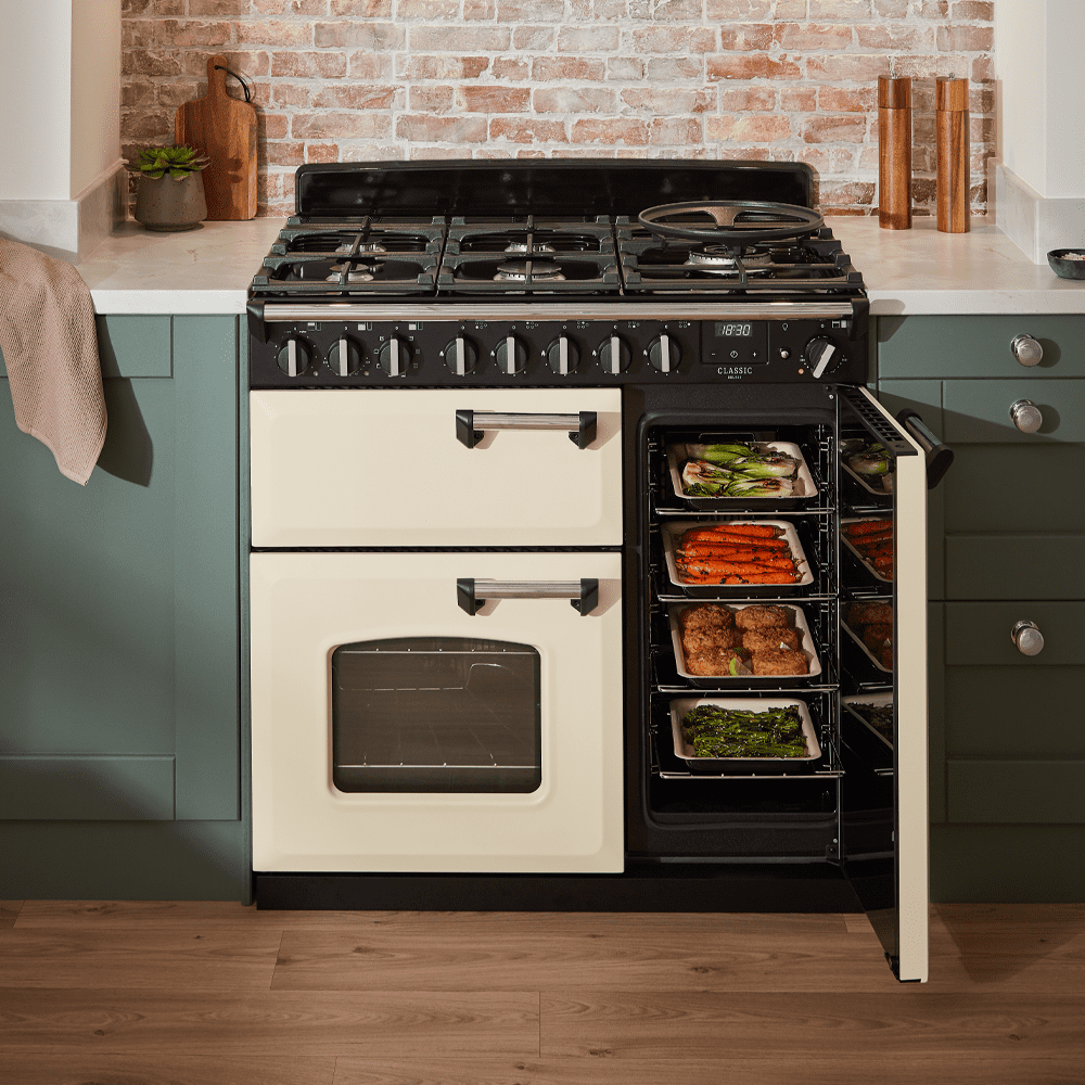 Rangemaster Classic 90cm Dual Fuel Range Cooker Chrome Trim 14151 CL90DFPPCR/CM1 - Pale Cream Rangemaster Classic 90cm Dual Fuel Range Cooker Chrome Trim 14151 CL90DFPPCR/CM1 - Pale Cream