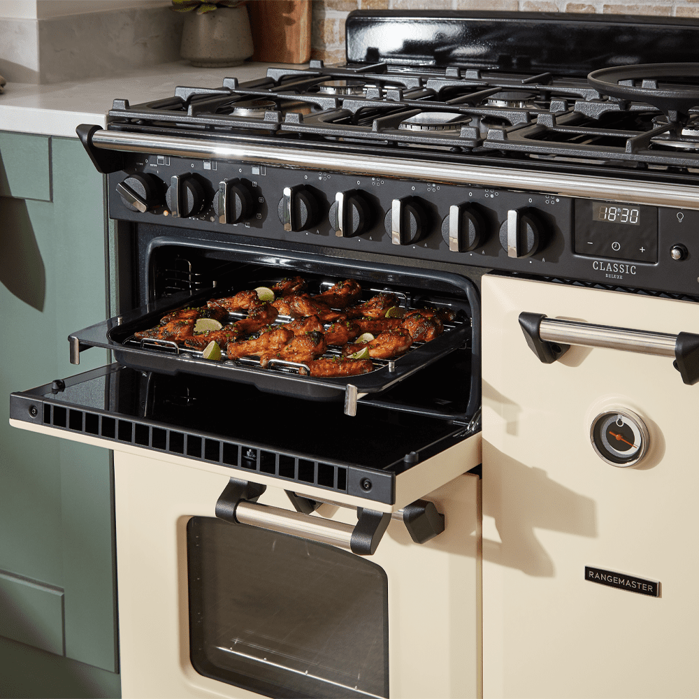Rangemaster Classic 90cm Dual Fuel Range Cooker Chrome Trim 14151 CL90DFPPCR/CM1 - Pale Cream Rangemaster Classic 90cm Dual Fuel Range Cooker Chrome Trim 14151 CL90DFPPCR/CM1 - Pale Cream
