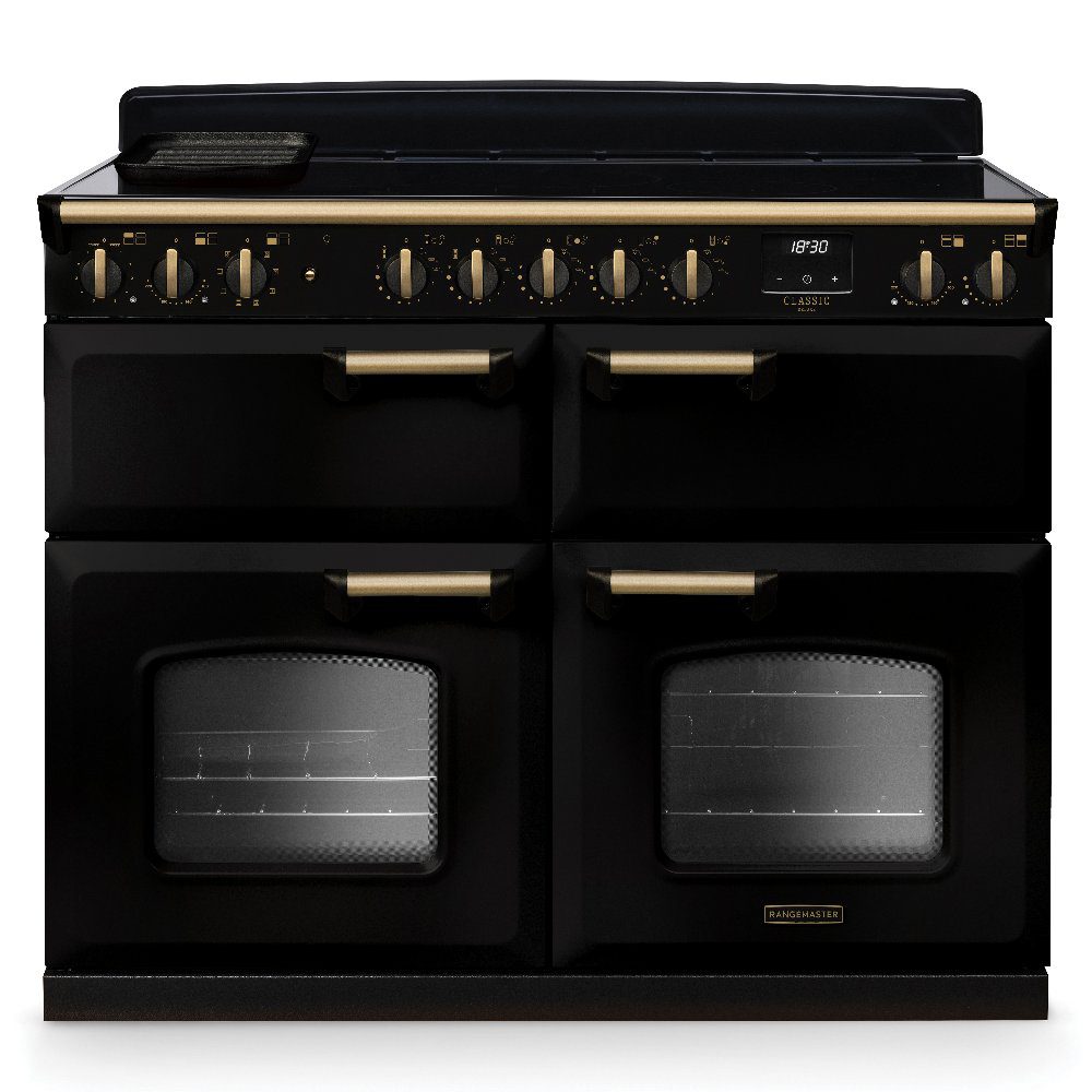 Rangemaster  Classic Deluxe BC 110cm Induction Range Cooker Antique Brass Trim 18383 CLDLB110EIPGBL/AB1 - Black