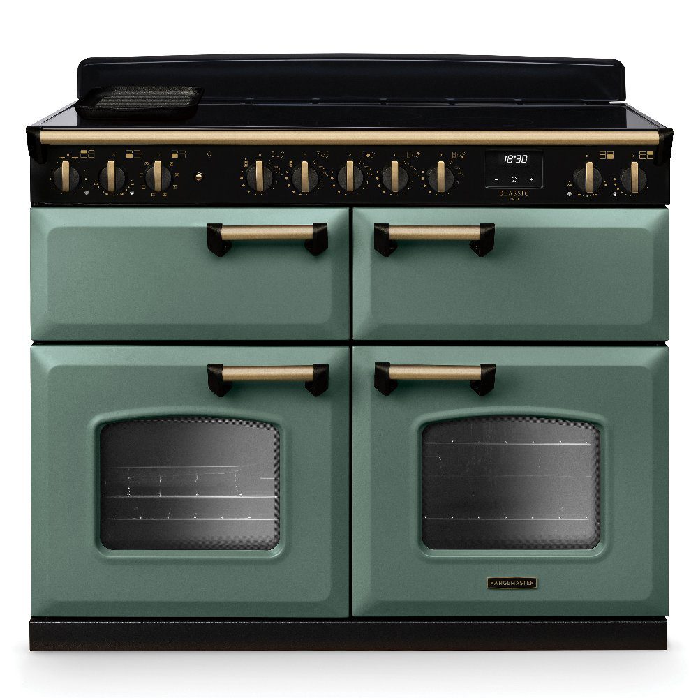 Rangemaster  Classic Deluxe BC 110cm Induction Range Cooker Antique Brass Trim 18386 CLDLB110EIPMGR/AB1 - Mineral Green