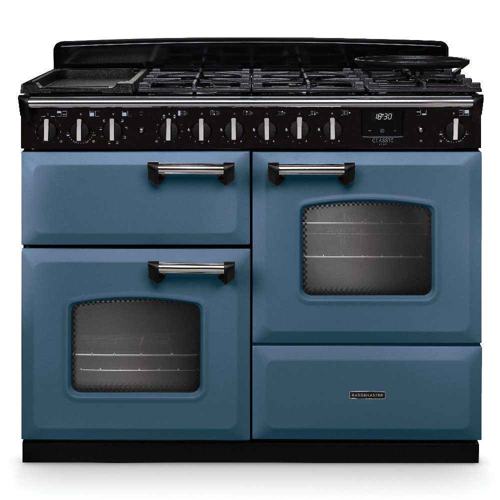 Rangemaster  Classic Deluxe OC 110cm Dual Fuel Range Cooker Chrome Trim 14710 CLDLO110DFPSTB/CM1 - Stone Blue