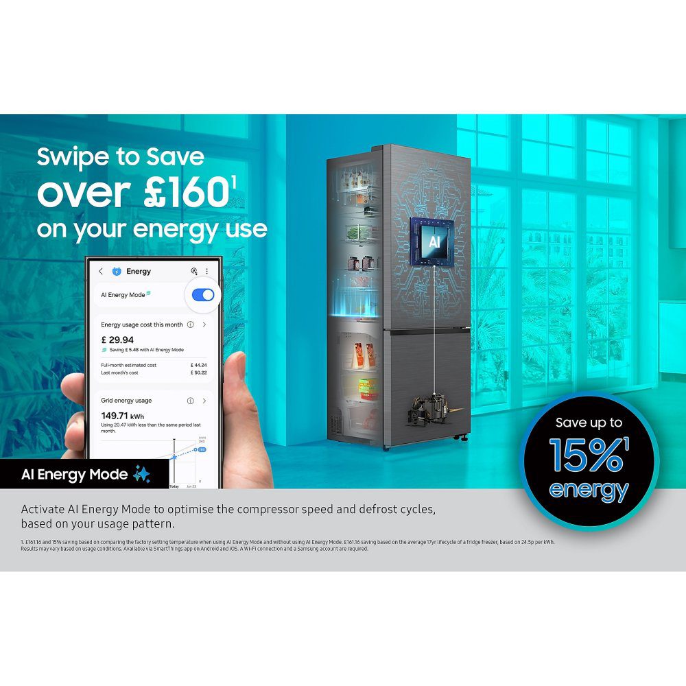 Samsung 75cm Series 8 AI SpaceMax Frost Free Fridge Freezer With Water Dispenser RB50DG632ES9EU - Silver Samsung 75cm Series 8 AI SpaceMax Frost Free Fridge Freezer With Water Dispenser RB50DG632ES9EU - Silver