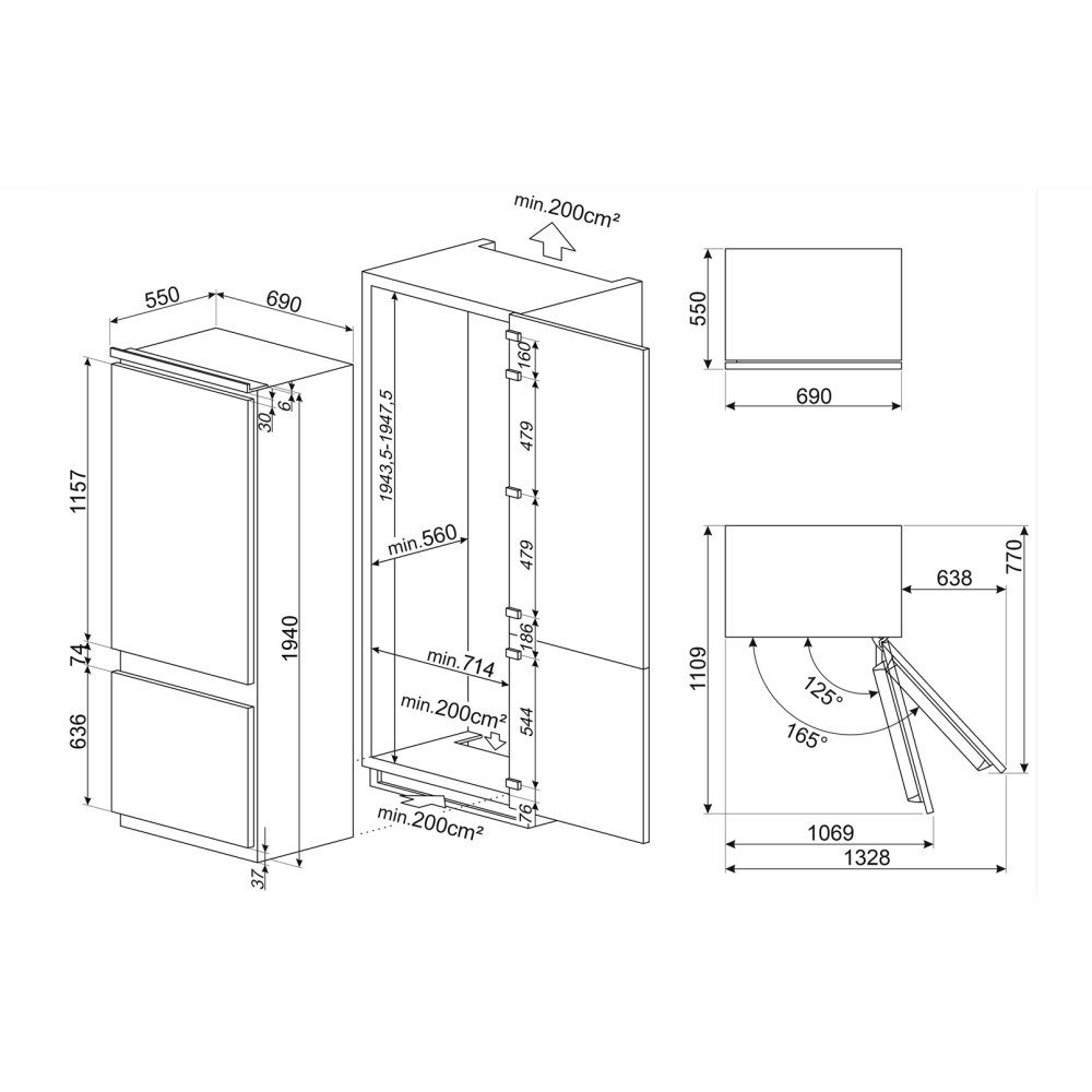 Smeg 194cm x 69cm Integrated 70/30 Frost Free Fridge Freezer C875TNE Smeg 194cm x 69cm Integrated 70/30 Frost Free Fridge Freezer C875TNE