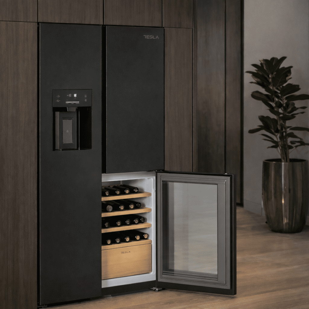 Tesla American Fridge Freezer With Wine Cooler, Water & Ice T530TDBG - Black Tesla American Fridge Freezer With Wine Cooler, Water & Ice T530TDBG - Black