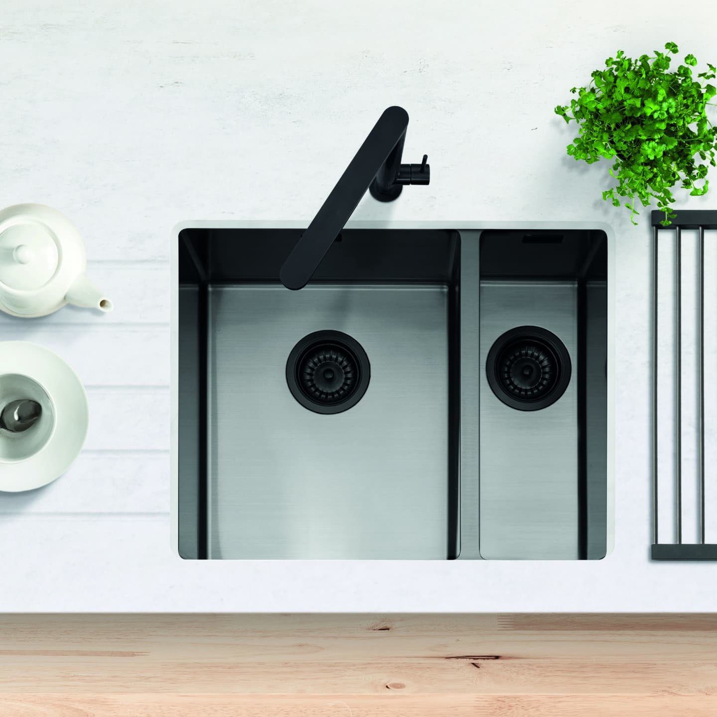 Caple Mode 3415 1.5 Bowl Undermount Sink Right Hand Small Bowl MODE3415/R/GM - Gunmetal Caple Mode 3415 1.5 Bowl Undermount Sink Right Hand Small Bowl MODE3415/R/GM - Gunmetal