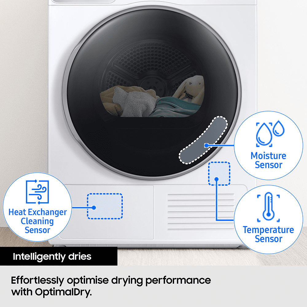 Samsung 9kg Series 8 OptimalDry Heat Pump Condenser Tumble Dryer DV90BB9445GHS1 - White Samsung 9kg Series 8 OptimalDry Heat Pump Condenser Tumble Dryer DV90BB9445GHS1 - White