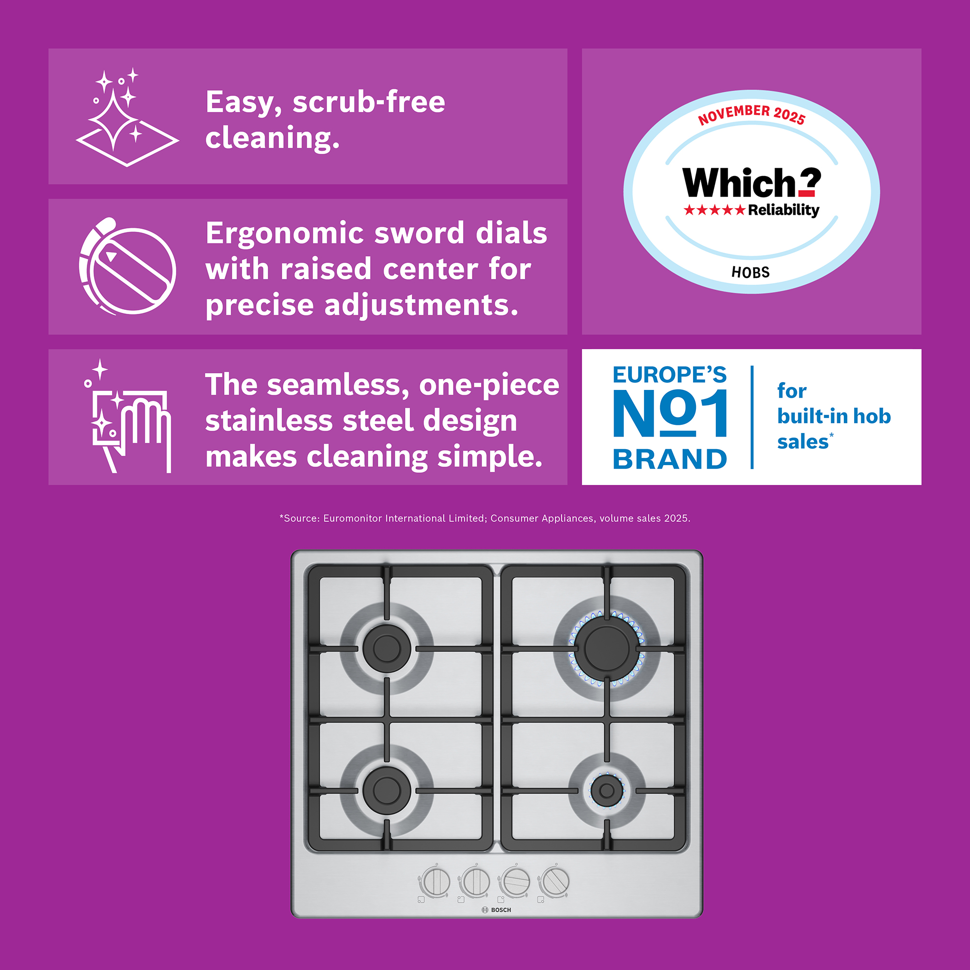 Bosch 60cm Series 4 4 Burner Gas Hob PGP6B5K90 - Stainless Steel Bosch 60cm Series 4 4 Burner Gas Hob PGP6B5K90 - Stainless Steel