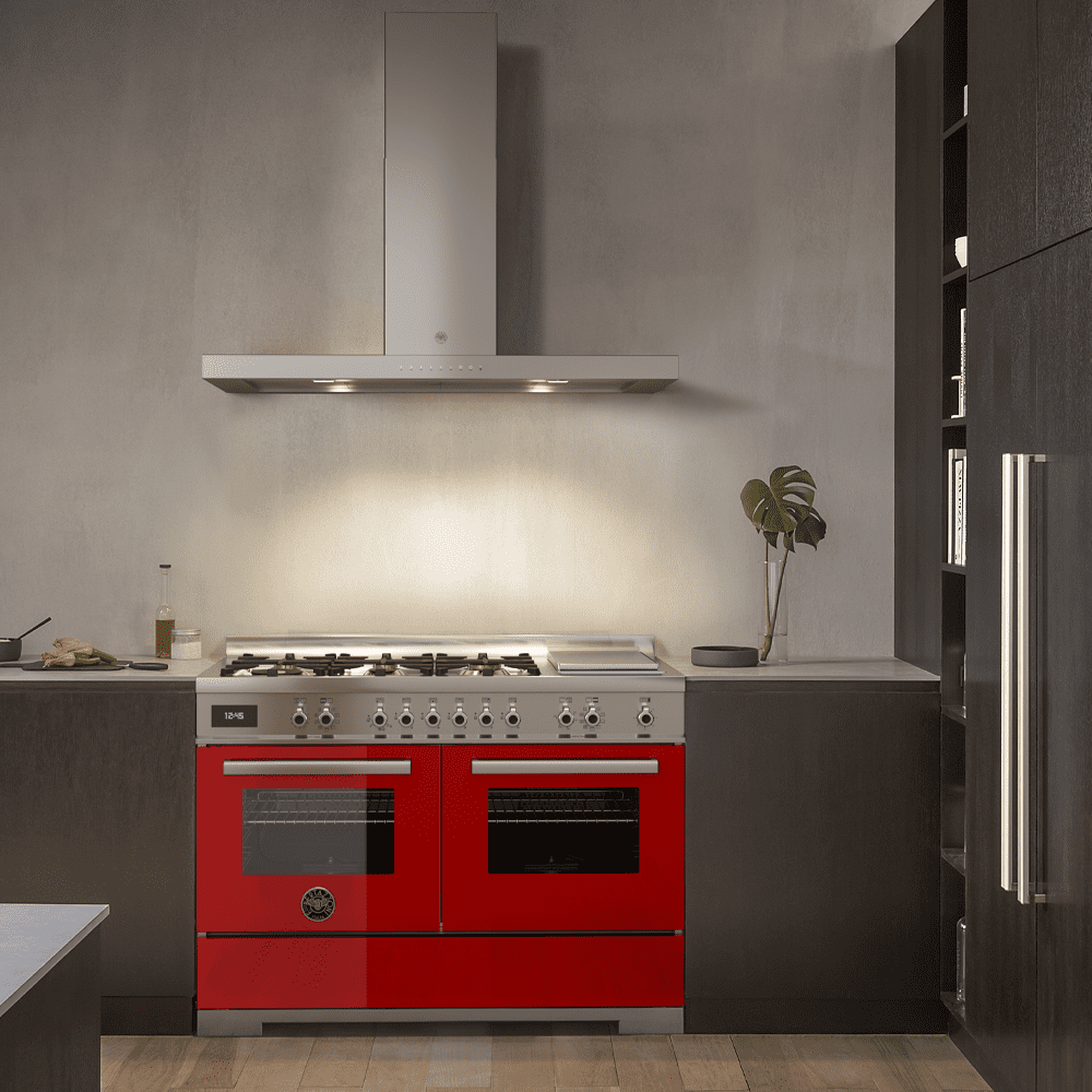 Bertazzoni range cooker in red, with an extraction hood