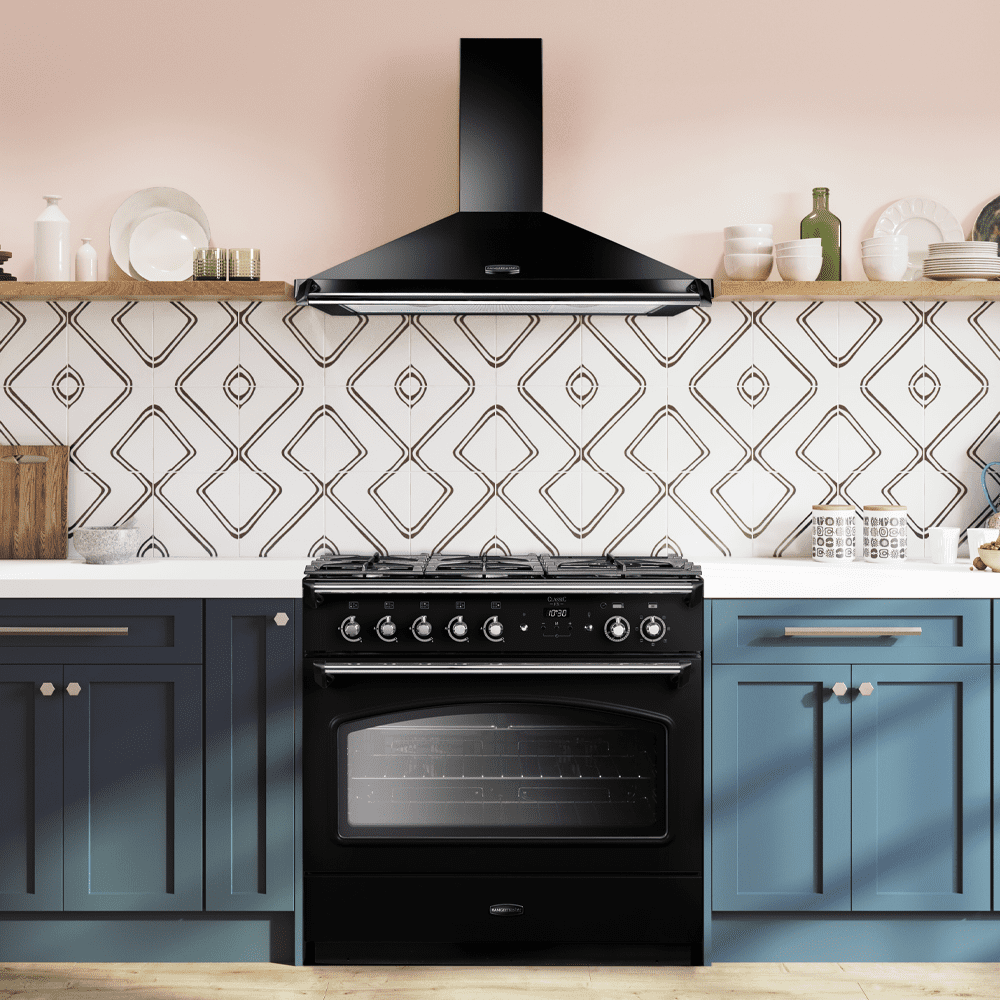 Rangemaster 90cm Classic Chimney Hood With Chrome Rail And Badge RCLAHDC90BL/C - Black Rangemaster 90cm Classic Chimney Hood With Chrome Rail And Badge RCLAHDC90BL/C - Black