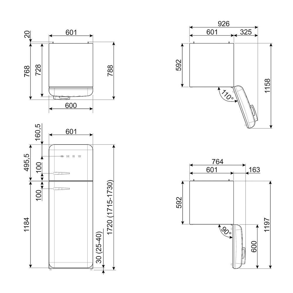 Smeg 60cm 50s Style Right Hand Hinge Freezer over Fridge Black FAB30RBL6UK Smeg 60cm 50s Style Right Hand Hinge Freezer over Fridge Black FAB30RBL6UK