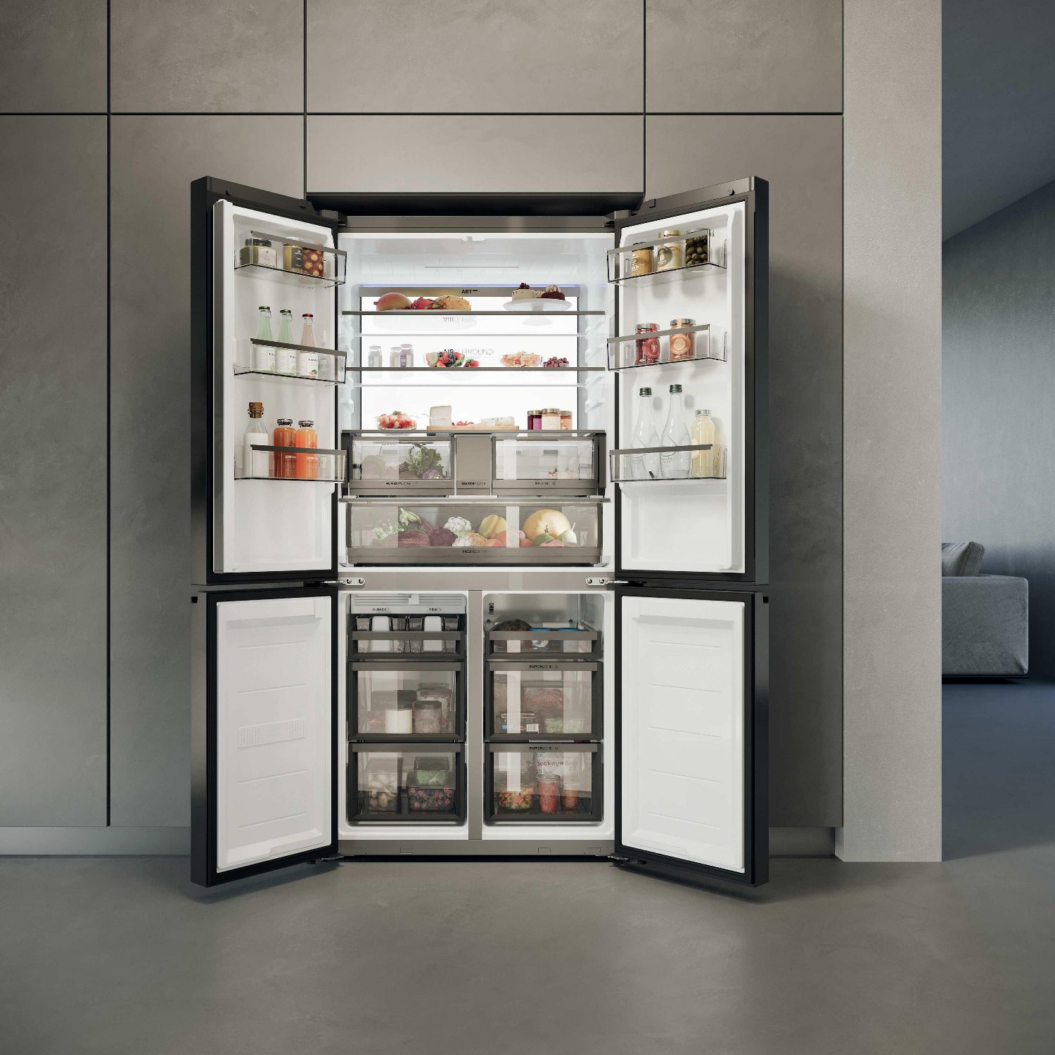 Haier Four Door Cube 90 Series 7 Fridge Freezer With Ice & Water HCW79F19EHSB - Black Steel Haier Four Door Cube 90 Series 7 Fridge Freezer With Ice & Water HCW79F19EHSB - Black Steel