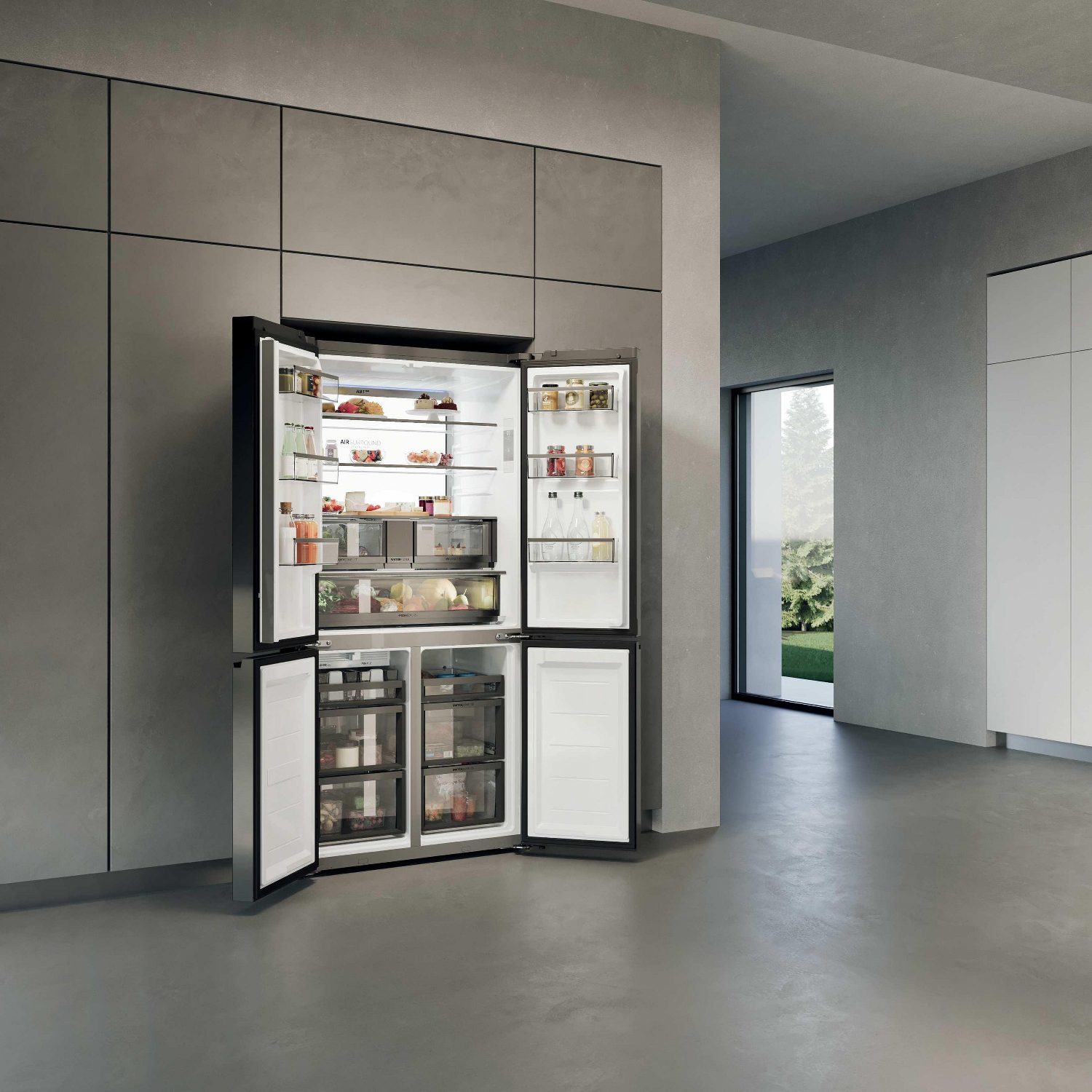 Haier Four Door Cube 90 Series 7 Fridge Freezer With Ice & Water HCW79F19EHSB - Black Steel Haier Four Door Cube 90 Series 7 Fridge Freezer With Ice & Water HCW79F19EHSB - Black Steel