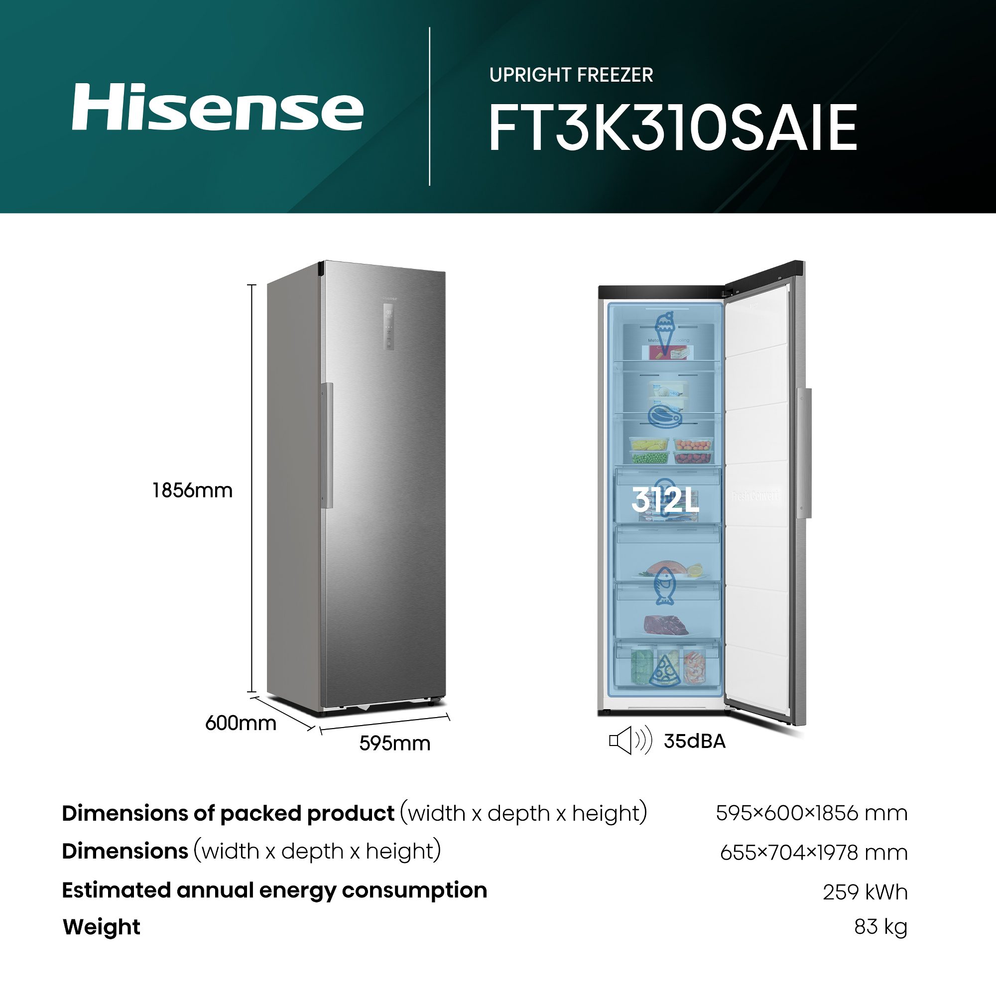 Hisense 60cm Frost Free KitchenFit Freezer FT3K310SAIE - Silver Hisense 60cm Frost Free KitchenFit Freezer FT3K310SAIE - Silver