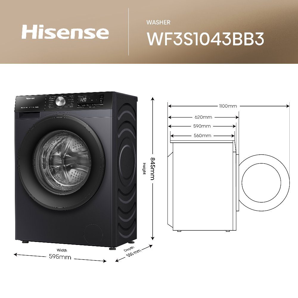 Hisense 10.5kg 3S Series Washing Machine 1400rpm WF3S1043BB3 - Black Hisense 10.5kg 3S Series Washing Machine 1400rpm WF3S1043BB3 - Black