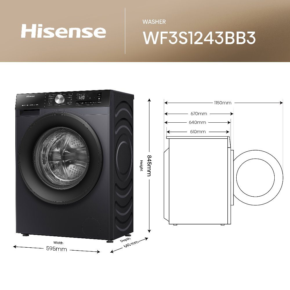 Hisense 12kg 3S Series Washing Machine 1400rpm WF3S1243BB3 - Black Hisense 12kg 3S Series Washing Machine 1400rpm WF3S1243BB3 - Black