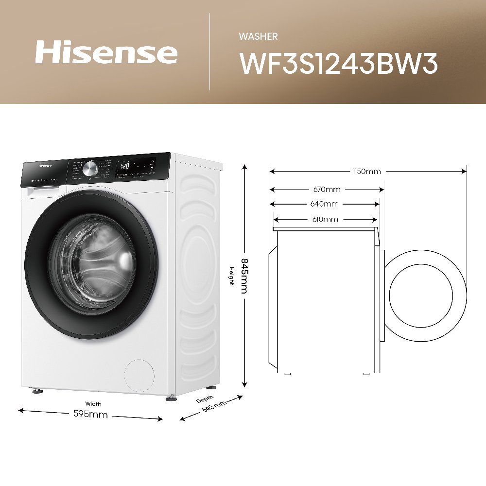 Hisense 12kg 3S Series Washing Machine 1400rpm WF3S1243BW3 - White Hisense 12kg 3S Series Washing Machine 1400rpm WF3S1243BW3 - White